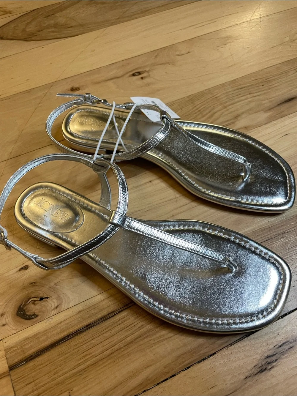 J. Crew Silver Metallic T-Strap Flat Sandals